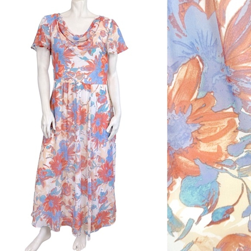 MADISON LEIGH Soft Blue & Orange Floral Cowl Neck Flutter Sleeve Maxi Dress